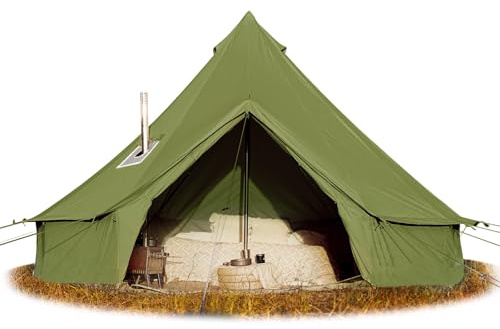 Glockenzelt aus Baumwollleinen, Glamping-Jurte mit Ofenheber, wasserdichte und atmungsaktive Baumwolle, 4-Jahreszeiten-Zelt mit abnehmbarem Boden mit Reißverschluss (Olivgrün, 3 m Durchmesser)