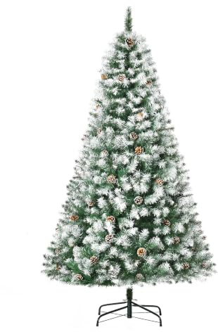 HOMCOM Künstlicher Weihnachtsbaum 180 cm 800 Spitzen inkl. Metallständer | Tannenbaum Künstlich mit Schnee, Christbaum mit 61 Zapfen, Weihnachtsdeko, für Drinnen