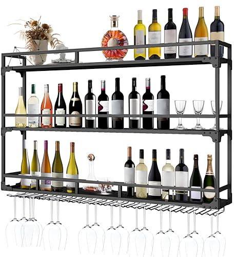 RAJYQODIS Wall Mounted Wine Rack, 3 Tiers Bar Unit Wall Wine Display Racks, Hanging Wine Bottle Metal Display Storage Organizer,for Dining Room, Kitchen, Living Room (Black, 100cm)