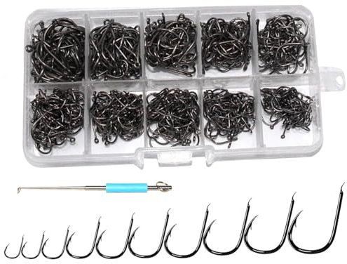 Angelhaken Kohlenstoffstahl 200 Stück Angeln Haken mit öse Haken, Angelhaken Set mit Abnehmbarer Aufbewahrungsbox, Angelzubehör für Süß- und Salzwasserfische, 10 Modelle Jigköpfe