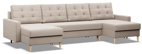 Mebligo - U-Förmige Ecksofa mit Schlaffunktion und Bettkasten BLANK, Couch U Form 294x88x140 cm, Klappsofa mit Schlaffunktion, Wohnzimmer Eckcouch mit Bettfunktion - Ecksofa Beige
