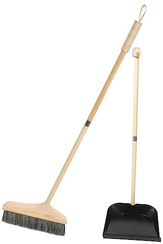 minkissy Juego De Escoba y Recogedor De Mango Largo De Cerdas Naturales, Set para Limpieza del Hogar, Compacto y Resistente, Adecuado para Interiores y Oficinas