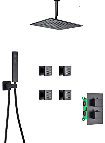 sjdoPulse Shower System With Body Jets, Ceiling Mount Rainfall Shower Head With Handheld Shower, Brass Thermostatic Shower Faucet Set Matte Black,8Inch