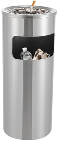 Garbenat Standaschenbecher 15L Mülleimer mit Aschenbecher 201 Edelstahl Standaschenbecher für Draussen Hohe Zylinder Mülleimer für Draussen, Einkaufszentren TxH: 25 x 61 CM (Silber)