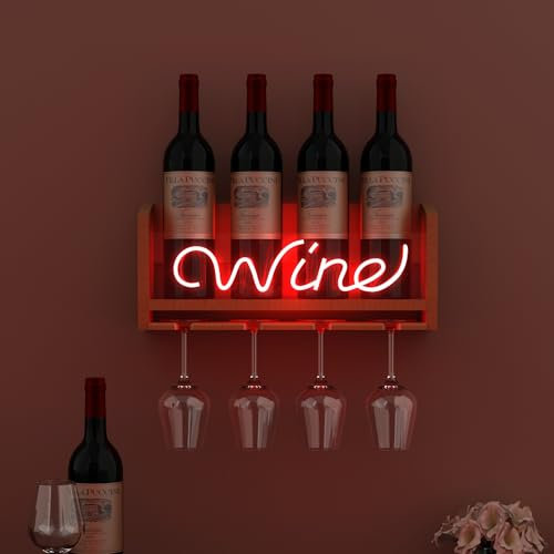 CoolGift Mart Light Up Wine Rack with Glass Holder Wall Mount, Wooden Wine Bottle Holder with Wine Neon Sign, Wall Decor, Gift for Wine Lovers Collectors
