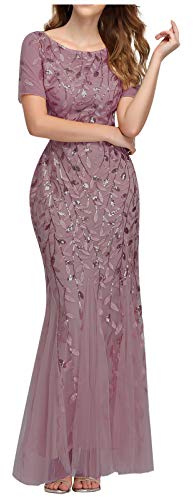 FUPODD Damen Abendkleid Elegant Maxikleid 1920er-Jahre Kleid Mit Pailletten Damenkleid Tüll Partykleid Frauen Kurze Ärmel Kleider Lang Cocktail-Meerjungfrau-Kleid Ballkleid Für Hochzeit Abendkleider