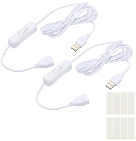 PATIKIL 2M USB Cable with ON/Off Switch, 2 Pcs USB Male to Female Extension Cord with Foam Double-sided Tape for LED Desk Lamp LED Strip, White