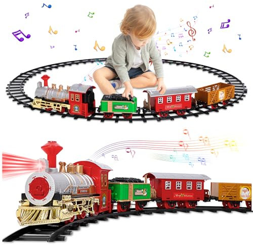 Zug Set, Elektrische Sets für Jungen Kleinkinder, Klassische Züge Spielzeug, Weihnachtszug mit Sound, Lichtern, Lokomotive, 3 Autos & 8 Schienen, Weihnachtsspielzeug Zug Geschenke für Alter 3 4 5 6