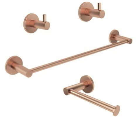 Set de 4 Accesorios de Baño Acero Inoxidable Piezas Premium - Toallero 40 Cm, Portarrollos y 2 Perchas - Color Oro Rosa Cepillado con Acabado PVD y Doble Fijación - The Bath Point