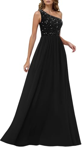 HOMEYEE Damen Elegant Pailletten Mesh Eine Schulter Glitzer Ballkleid Sexy Rückenfrei Abendkleider A-Linie Hochzeitskleid A503 (M, Schwarz)