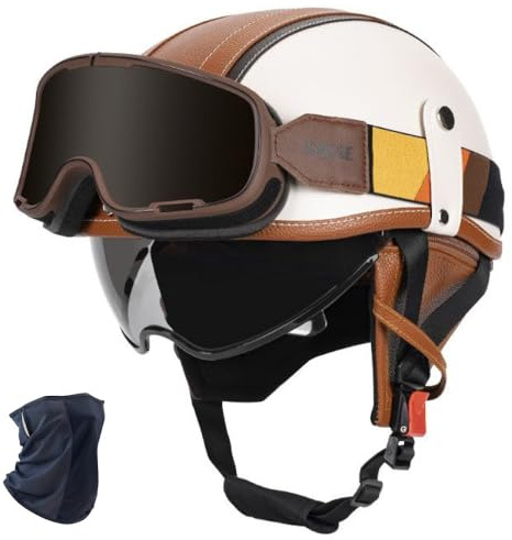 RHBDDHV Casco Scodella Moto retrò Omologato ECE 22.06, Casco Jet Leggero con Visiera e Fibbia Rapida per Uomo Donna, Scooter Vintage Caschi da Moto, 55-62cm
