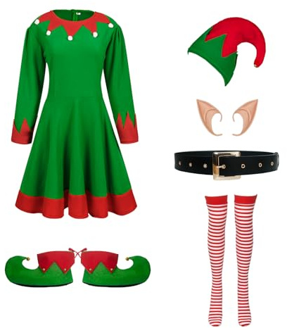 LYBOHO Elfenkostüm Weihnachtskostüm Damen,6-teilige Ensemble Weihnachtskleidung Frauen-Elfenkleid-Gürtel-Elfenhut-Elfenohren-Socken für Weihnachten Karneval