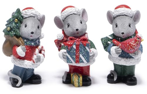 Hodao Christmas Mouse Figurines Decorations, Set of 3 Hand-Painted Resin Mice with Santa Hats, Tree & Gift Box, Indoor Holiday Winter Gift, Home, Bedroom, Office Table Display
