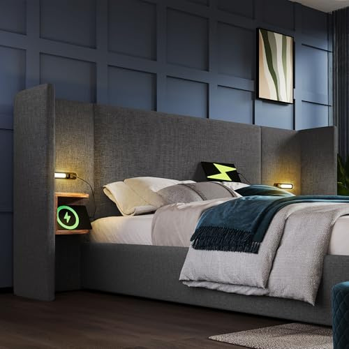 BXEYXE Polsterbett Doppelbett 160×200 mit Nachttisch. Leselampe und USB Type-C Ladefunktion. Bettanlage Stauraumbett Bettgestell mit Lattenrost aus Massivholz und Metall. Grau. Leinen(Ohne Matratze)