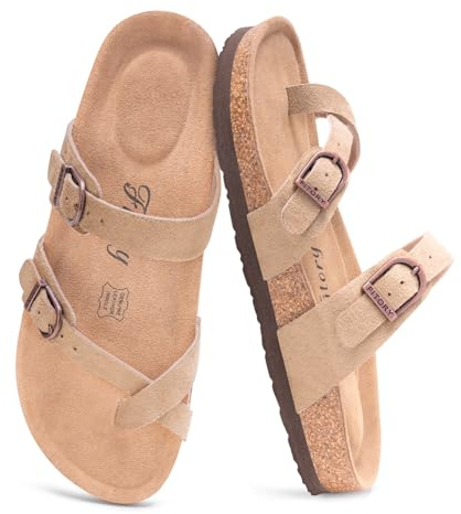 FITORY Women's Leather Sandals Comfort Cork Footbed Size 4-9 UK | Ladies Flat Suede Open Toe Slip On Slides, Toe Loop Double Adjustable Buckle Straps, Arch Support Shoes for Summer Walking