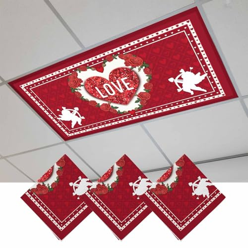 Yukro 3 Pack Valentine's Day Fluorescent Light Covers for Ceiling Lights Love Heart Cupid Rose Red Boundary Magnetic Ceiling Light Covers Overhead Light Filters for Office Classroom Home