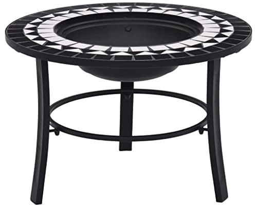 Brasero en céramique noir et blanc 68 cm pour jardin, camping, balcon et terrasse, facile à utiliser