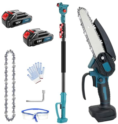 Motosierra de poda inalámbrica 2 en 1, motosierra eléctrica con 2 baterías de 3.0 Ah y cargador, mango telescópico extensible de 1,3 a 2,5 m, 4100 RPM, cabezal giratorio de 180°
