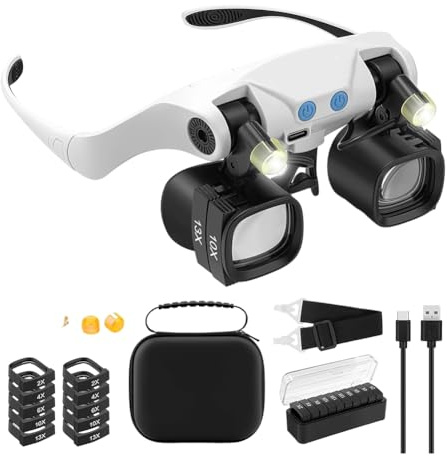 Dytabepl Lupenbrille mit Licht, Brille für Präzise Arbeiten, Juwelierlupe mit Licht und 5 Austauschbaren Linsenpaaren (2X, 4X, 6X, 10x, 13x), Kopfband Lupen für,Elektriker,Juweliere