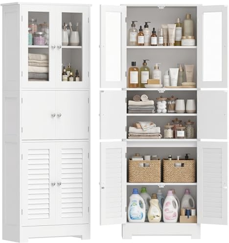 HOMCOM Mobile da bagno alto, mobile portaoggetti colonna bagno con 6 ante di cui 2 vetrate e 2 persiane, mensola regolabile, stile moderno, per soggiorno, camera da letto, 60 x 30 x 170,5 cm, bianco
