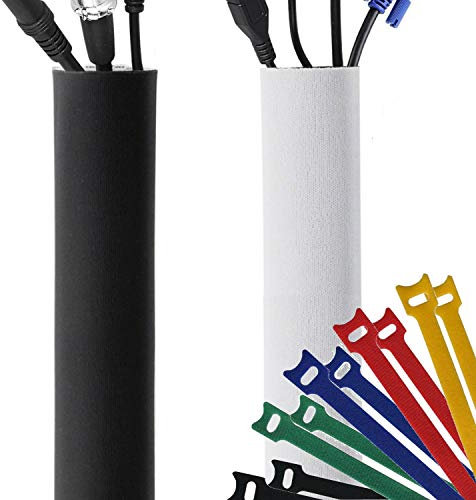 Premium 120 Cable Management Sleeve, Best Cords Organizer for TV On Wall, Computer, Office, DIY Adjustable Reversible Black and White Neoprene Cord Hider Wire Cover Concealer Wrap with Free Zip Ties