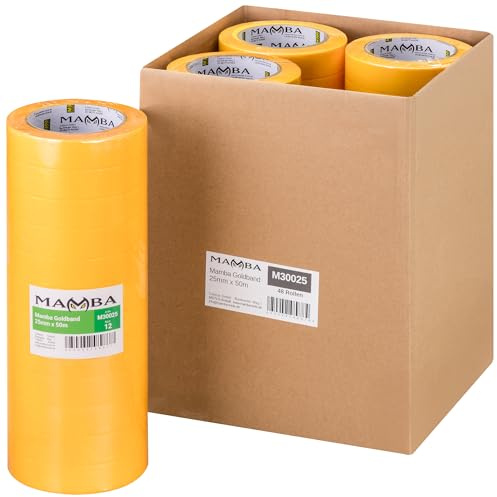 Mamba Goldband Malerkrepp Kreppband 48 Rollen 25 mm x 50 m Abklebeband | Rollen selbstklebendes Goldband-Papiertape zum Abkleben und Abdecken – auch als Washi Tape und Malertape