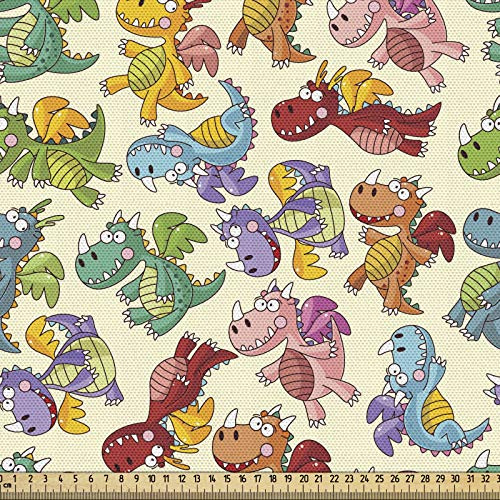 ABAKUHAUS Drachen Stoff als Meterware, Dumme Fee Feuerdrachen, Qualitäts Stoff Dekorativer Polster Heimtextilienstoff, 2M (148x200cm),Grün Beige