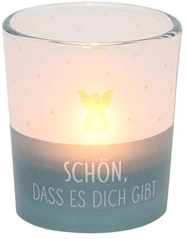 Windlichtglas mit Motiv auf Einer transparenten Banderole, inkl. 1 Teelicht, H/Ø: 6,5 x 6 cm, Motiv: Schön, DASS es Dich gibt.