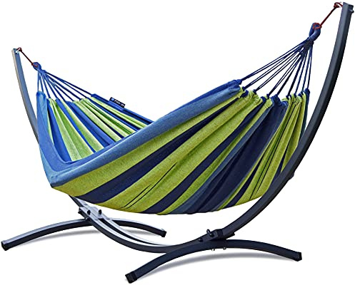 Potenza® Hamac avec Support Anti-Rouille pour 2 Personnes Démontable – Les Hamacs Double XXL - Lit en métal galvanisé antirouille Suspendu Portable - Jardin - Support Graphite Un Hamac Bleu Vert