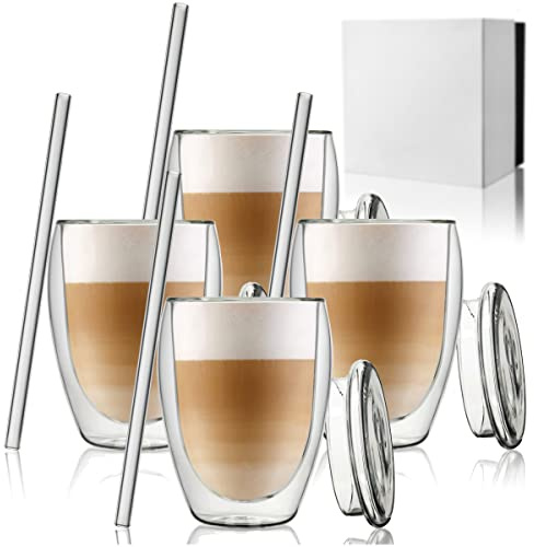 ANWA® DESIGN 4 Doppelwandige Kaffeegläser/Thermogläser (350ml Volumen) mit Deckel, inkl. 4 Glasstrohhalme - Cappuccino Gläser - Latte Macchiato Gläser doppelwandig