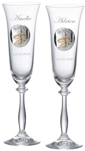 JOYERIA EL FARO Copas Bodas de Oro Personalizadas – Juego de 2 Copas de Champán/Cava Grabadas con Nombres y Fecha – Regalo 50 Aniversario de Casados para Pareja
