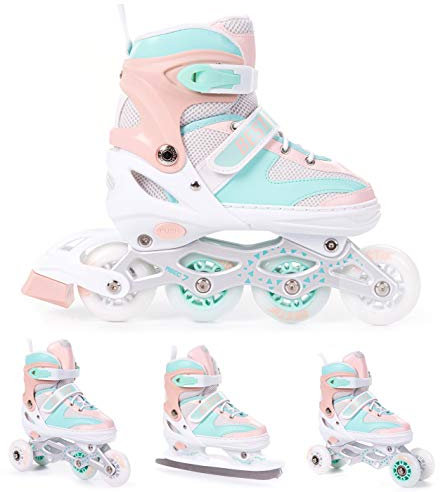 BESTIF Inliner für Kinder und Erwachsene Inline Skates 4in1 Rollschuhe Schlittschuhe Verstellbar (Türkis-Orange, 38-41)