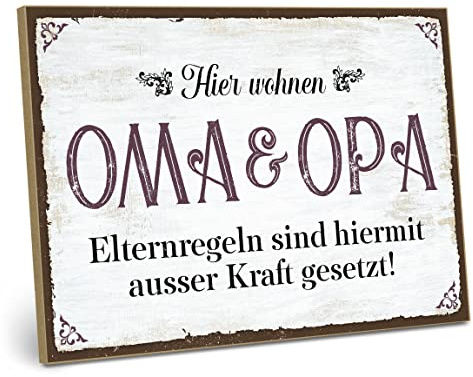 ARTFAVES® Wandbild Holzschild mit Spruch - Hier wohnen Oma und Opa - Türschild Retro Vintage Deko Bild Geschenk - Familie, Großeltern