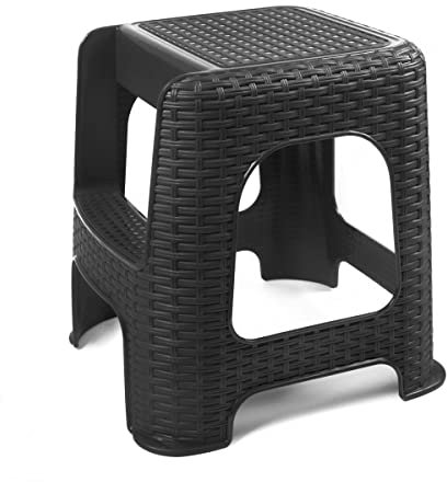 R.G. Tritthocker Hocker mit Trittleiter Sitzhocker Tisch Stuhl Höhe 48cm Rattan Optik Stufenhocker bis 160kg