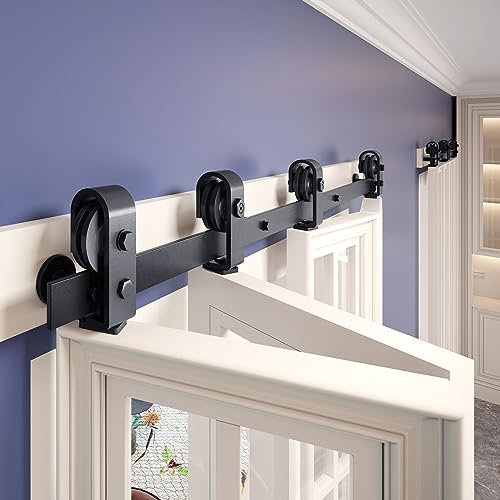 FINOSEN 64 inch Bifold Barn Door Hardware Track Kit for Four 15 inch Closet Doors,Top Mount Sliding System,Heavy Duty Roller,Smoothly and Quietly,Black(Bifold Door Not Included)