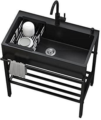 AMEERR Fregadero Camper Negro Lavadero Pila Exterior Pila de Lavar Fregaderos Industriales Fregadero Portatil Camping con accesorios de grifo de agua fría y caliente para jardín Lavandería Camping Bar
