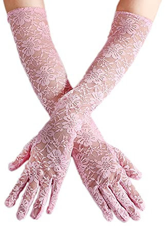 Wambere Damen Lange Spitzen Handschuhe für Hochzeit Oper Damen Accessoires, Rosa, L (50cm)