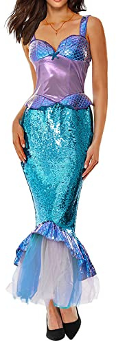 Felcia Damen Halloween Meerjungfrau Kostüm Slim Fit Pailletten Langes Kleid Cosplay Verkleidung Foto Requisiten Erwachsene Kostüme