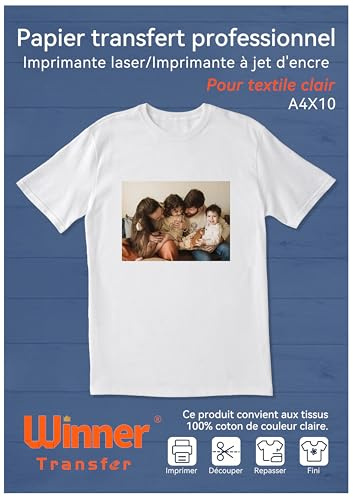WinnerTransfer Papier transfert professionnelle pour textile blanc et clair | A4 x 10 feuilles, comptatible imprimantejet d'encre et laser, impression non miroir (FR-WT-2-6.0-10)