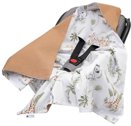 Medi Partners Einschlagdecke Baby Babyschale 100% Baumwolle für Sommer 85x85cm Kinderwagen Kuscheldecke universal Baby Decke Einschlagdecken Babydecke Buggy Autositz (‎Safari mit Grauer Waffel)