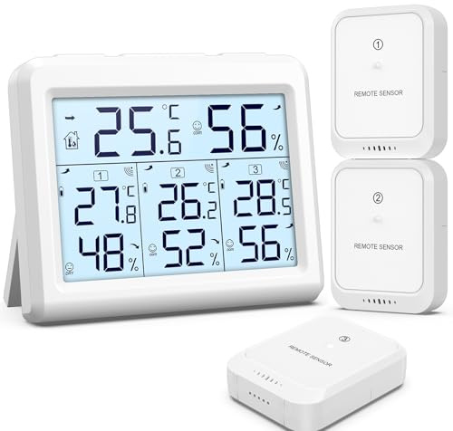 Brifit Thermometer Innen Außen mit 3 Fernsensoren, Hygrometer Digital | Innen- und Außen Temperatur/Luftfeuchtigkeitsmesser, 100M/328ft Reichweite, Komfortstufenanzeige, LCD-Display, ℃/℉