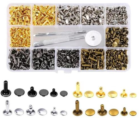 JJiaoLinin Leder Nieten,360 Set Metallniete Doppelkappe Nieten 12mm 8mm 6mm Nieten Druckknopf Set Metall Doppelkappe Nieten Set für DIY Handwerk Leder, Ersatz Nieten