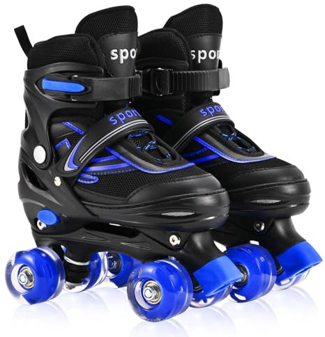 DUZSKJ Verstellbare Kinder Rollschuhe für Jungen Mädchen, Einstellbare Rollschuhe für Kinder Kind kleine große Kinder Anfänger (Schwarz & Blau, M)
