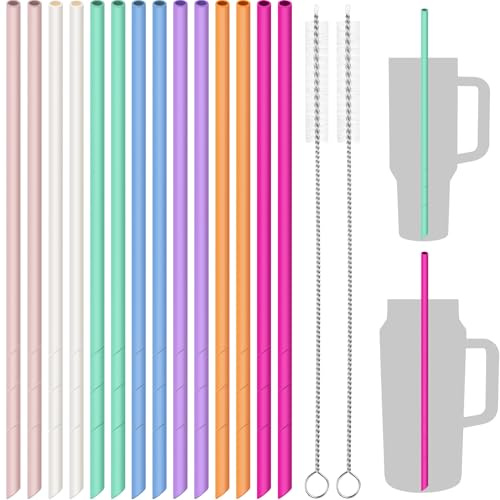 NiHome 14 Stück Silikonstrohhalme, Wiederverwendbare Trinkhalme für Stanley Becher, BPA-freies Lebensmittelechtes Silikon mit 2 Reinigungsbürsten, Anpassbare Länge& einfach zu reinigen (Regenbogen)