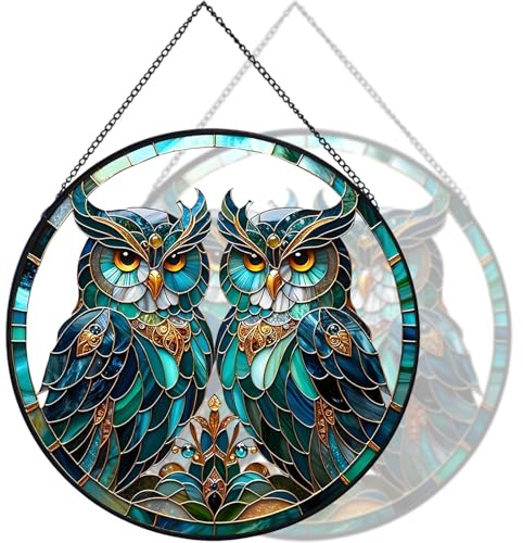 RIVEENY Stained Glass Window Hangers, 8 Inch Suncatcher Stained Glass Window Panels, Stained Glass Panel Hangers Memorial Day Birthday Gifts for Mom Grandma (Owl)