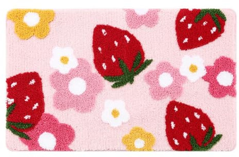 Qeunrtiy Rosa Badezimmerteppiche, Süße Badematte mit Erdbeermotiv, Badezimmerzubehör, Maschinenwaschbar, Weicher, Langlebig, Einfach zu Verwenden, 50 X 80 cm