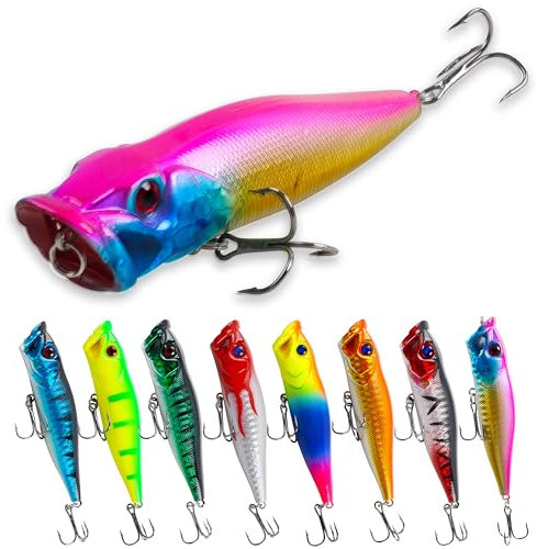SHADDOCK 8stk Popper Angelköder Set Topwater Schwimmköder Hecht Köder mit Drillingshaken Angelzubehör Salzwasser Süßwasser Fischköder für Zander Wobbler Forelle Barsch Lachs Wels Hecht