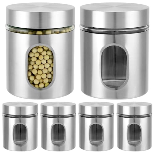 QWORK 6 Pack 20 oz Stainless Steel Glass Kitchen Canisters Set, Airtight Food Storage Containers with Window, for Flour Cookies Spices Grains