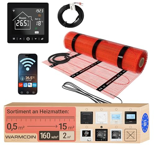 Elektrische Fußbodenheizung Set 2 m²: WLAN-Thermostat, Elektro-Heizmatte | Touchscreen, smarte App & WiFi, Bodenfühler; Flächenheizung 160 W/m², selbstklebend; für Keramikfliesen & Naturstein