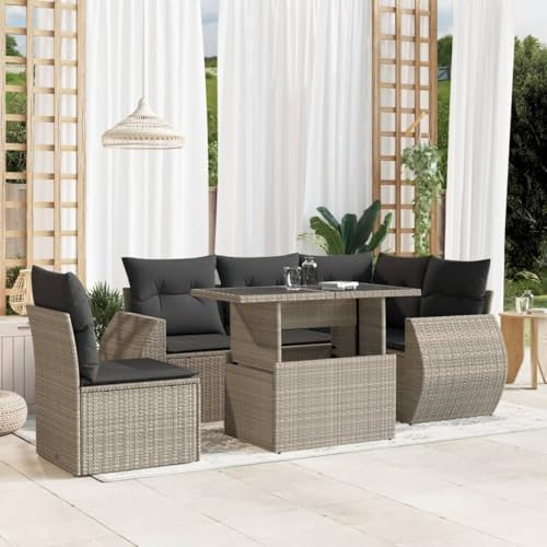 Homgoday 6-TLG. Garten Sofagarnitur mit Kissen Balkonmöbel Gartenmöbel Gartenlounge Lounge Sofa Sitzgruppe Gartensofa Balkonsofa Balkonlounge Gartenset Hellgrau Poly Rattan